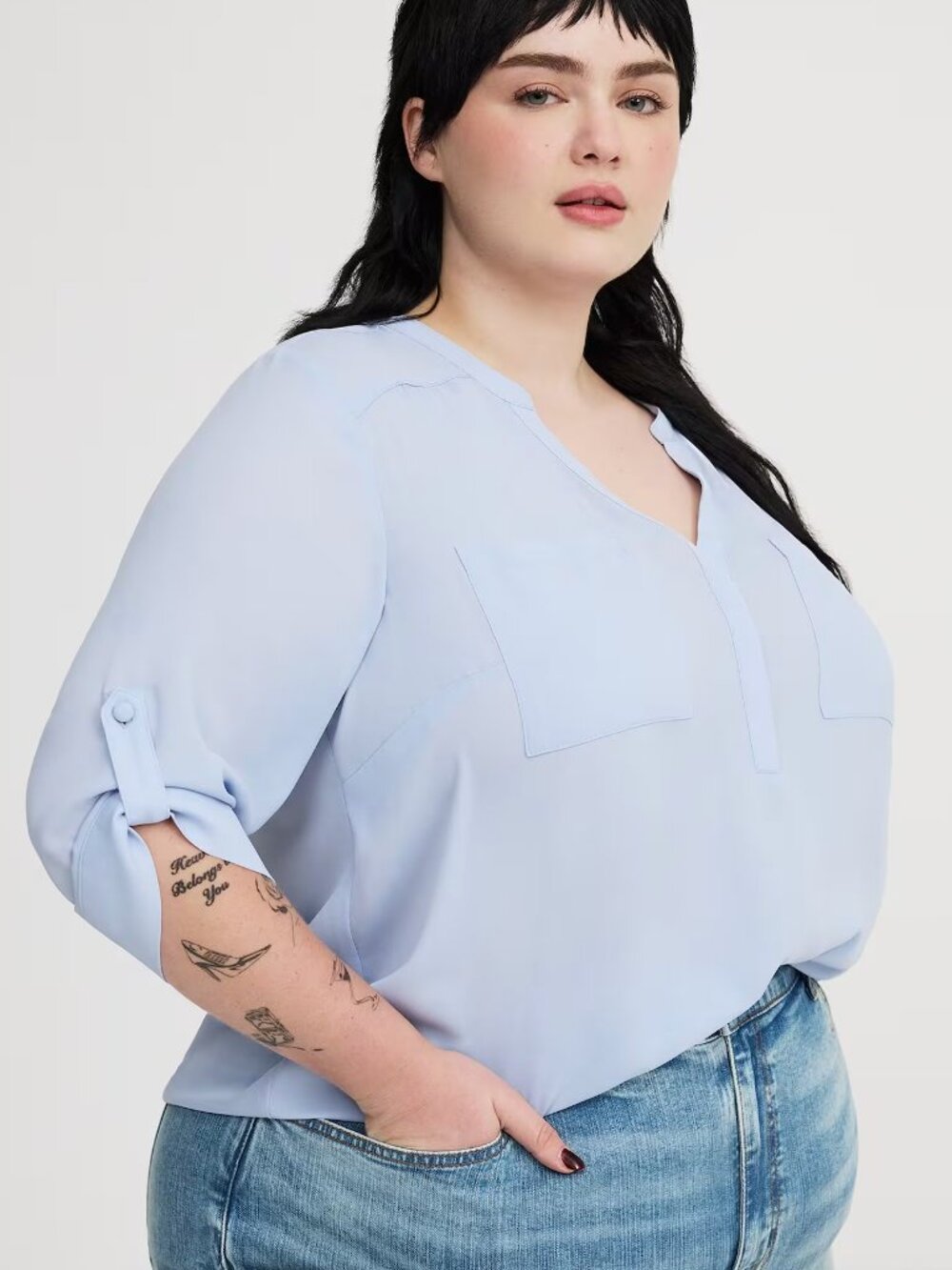 NEW NWT TORRID 00 Plus Size Harper Georgette 3/4 Sleeve Blouse Light Blue Work